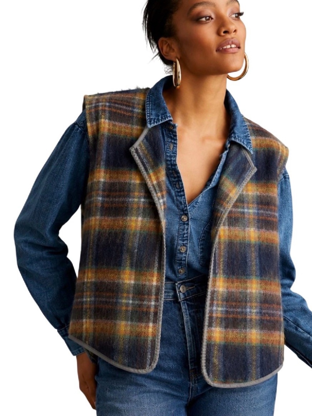 Pilcro Plaid Wool-Blend Vest in Navy, Brown & Mustard